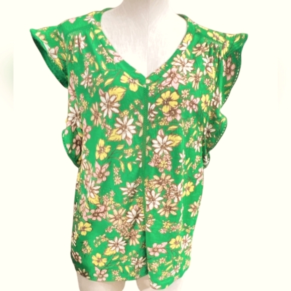 Fred David (NWT) Green Floral Short Sleeve Blouse - Picture 2 of 4